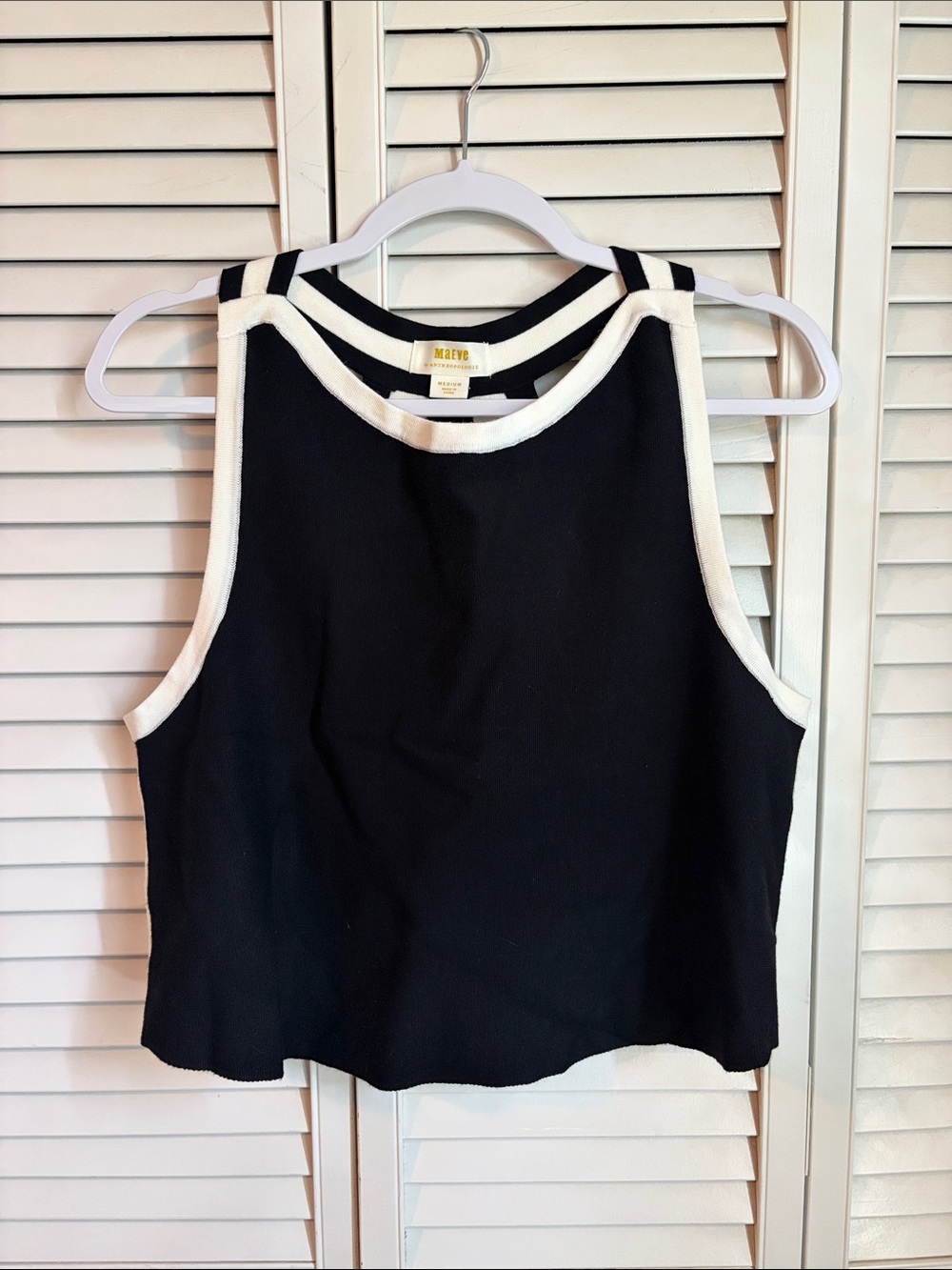 Maeve Medium Black Tank White Contrast Trim Knit Slit Cutout Back New